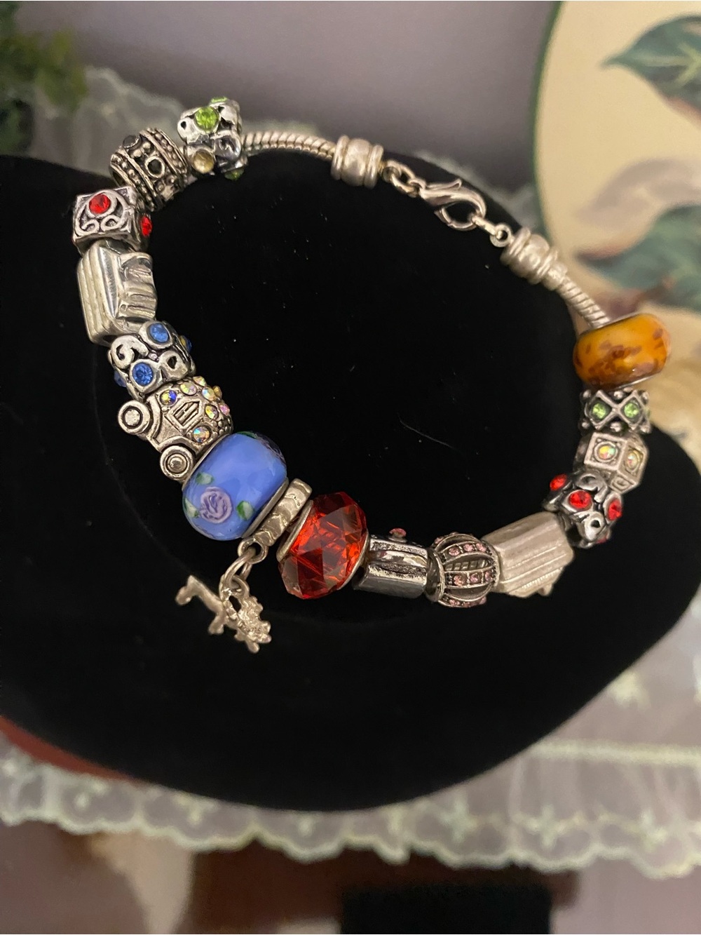 Vintage European Loaded Charm Bracelet Multi-Color Rhinestones & Lampwork Glass